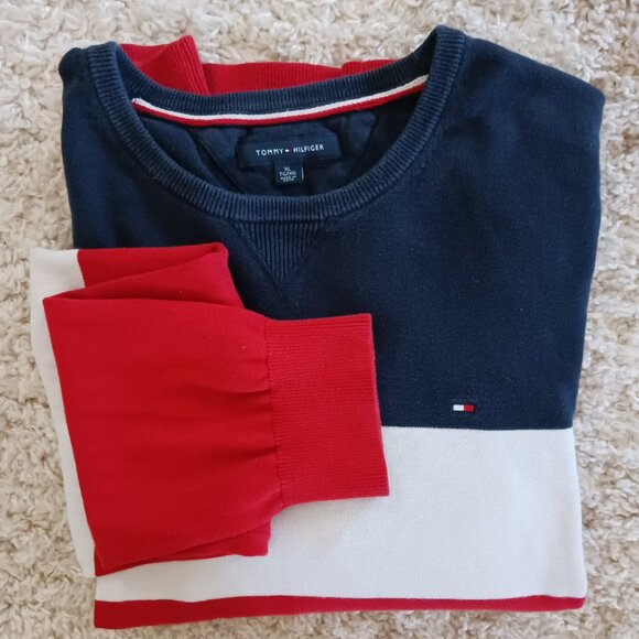 Tommy Hilfiger Men's Blue White Red Wide Striped V-Neck Cotton Sweater Size XL - Picture 1 of 8